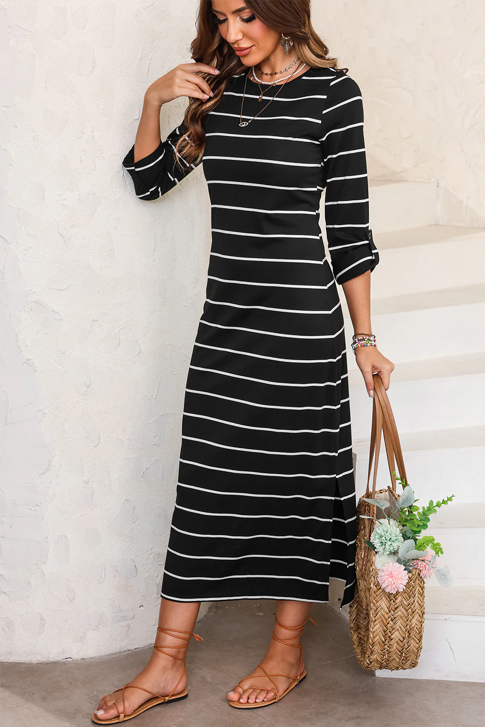Stripe Print Open Back Sleeveless Maxi Dress with Slits