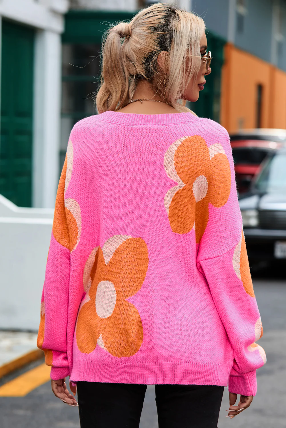Big Flower Pattern Drop Shoulder Sweater