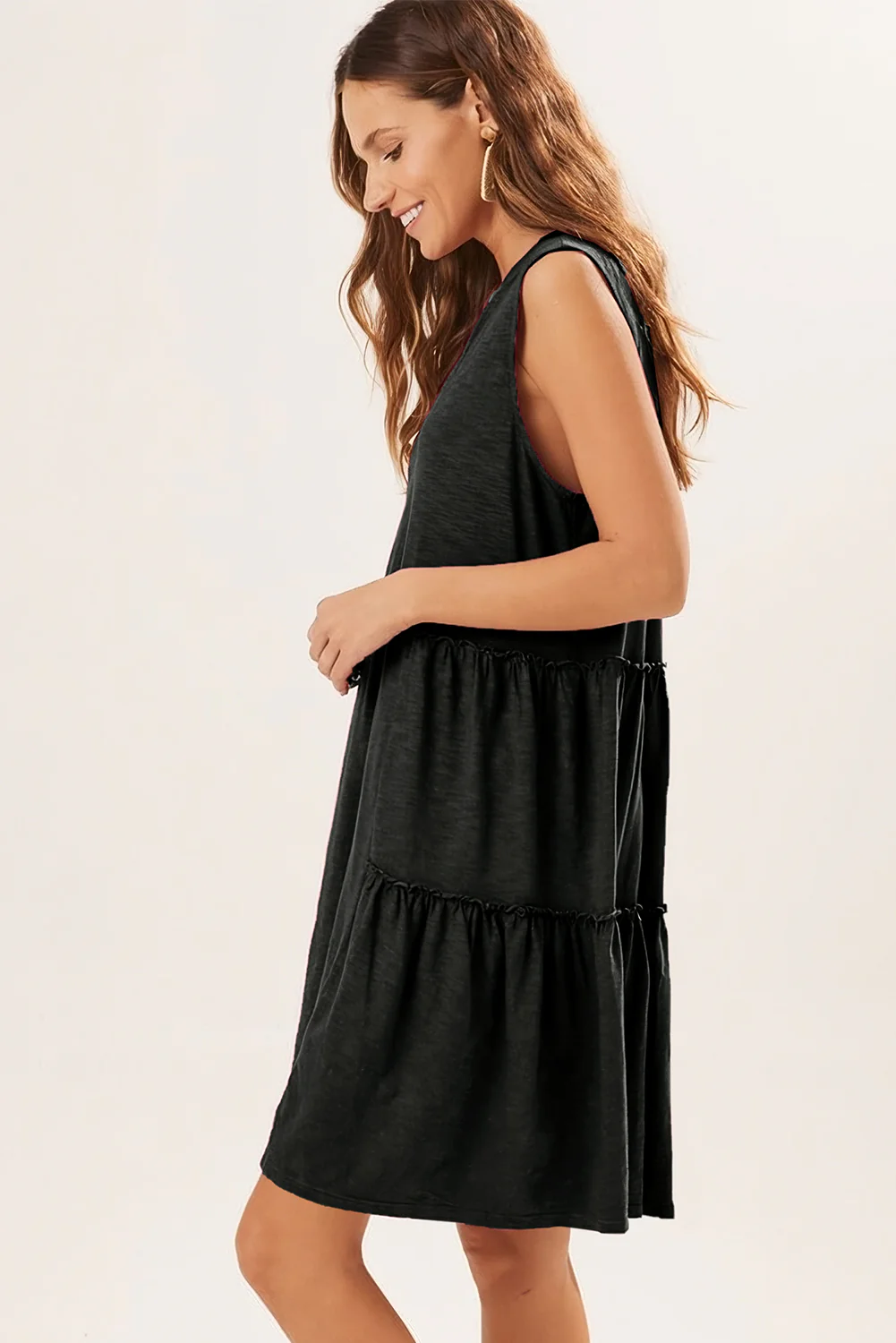 Split V Neck Tiered Flowy Sleeveless Dress