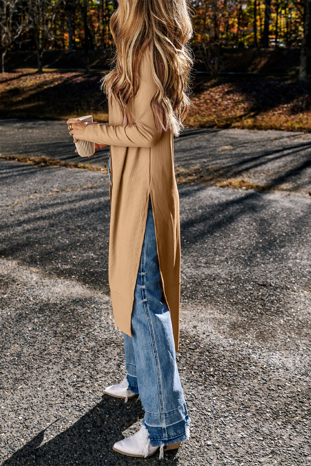 Ribbed Button-Up Split Duster Cardigan