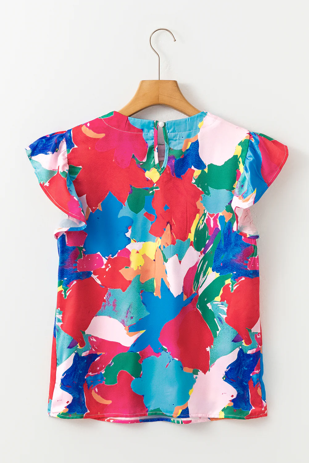 Abstract Print Pleated Neck Flutter Sleeve Blouse