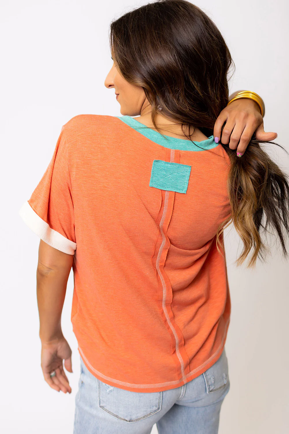 Contrast Trim Exposed Seam V Neck T-shirt