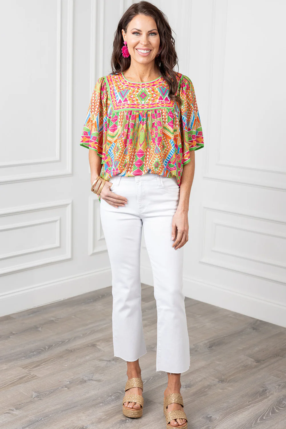 Geometric Print Bell Sleeve O Neck Babydoll Blouse