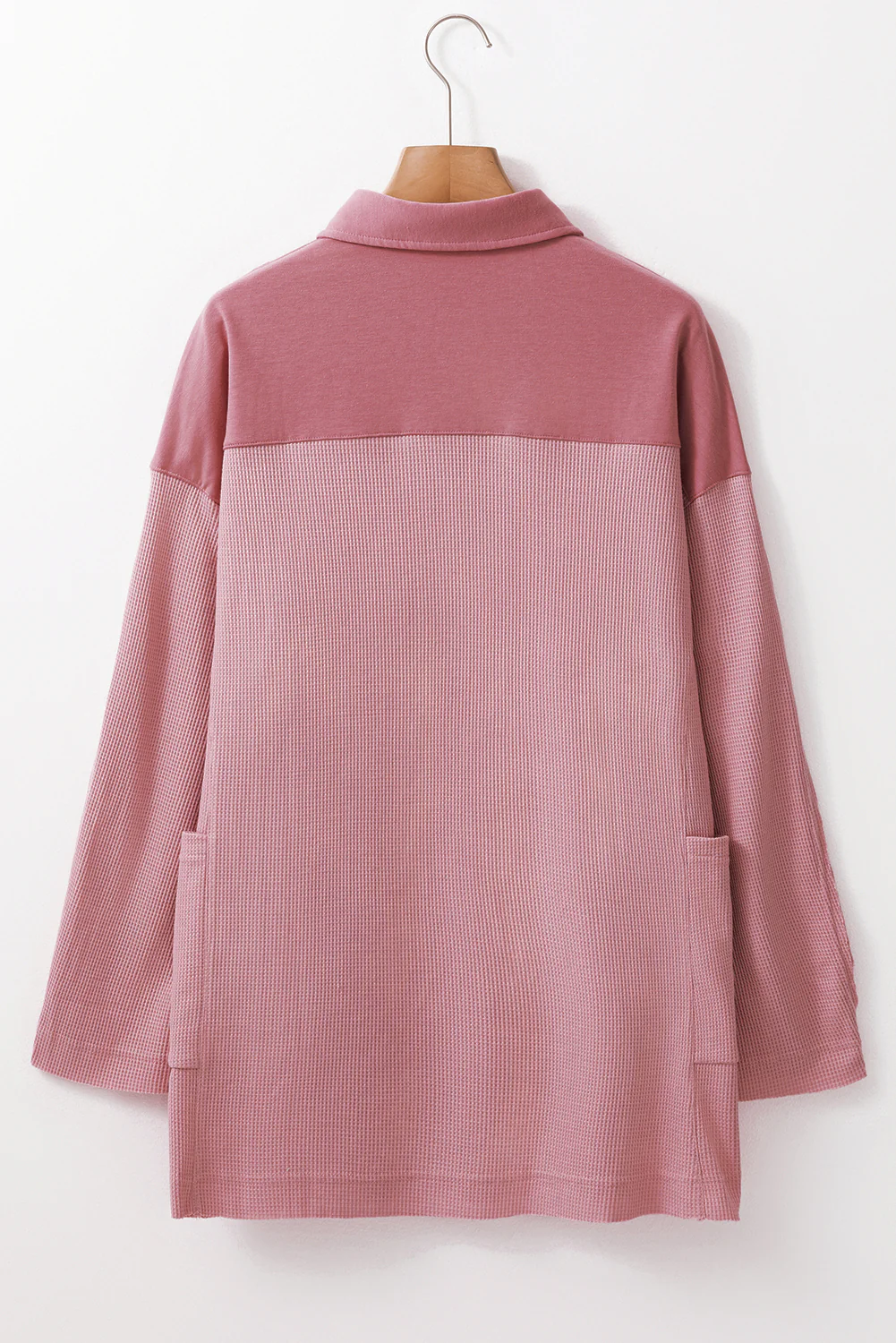 Waffle Long Sleeve Collar Half Button Loose Top