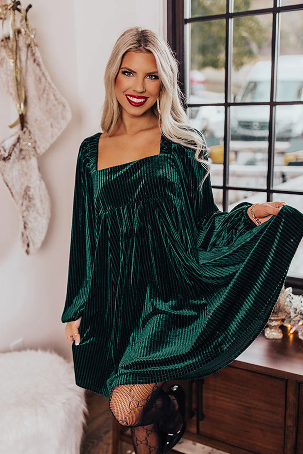 Long Sleeve Tiered Ribbed Velvet Dress