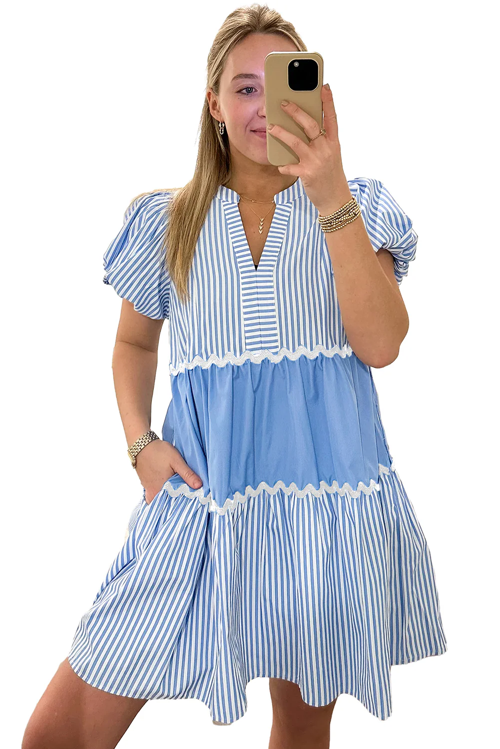 Ric Rac Striped Bubble Sleeve V Neck Dress