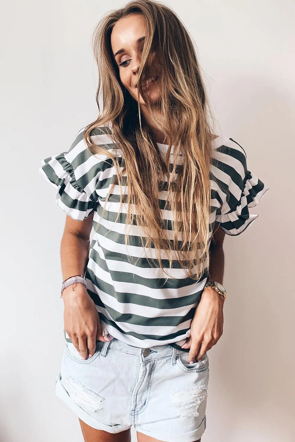 Striped V Neck Ruffle Sleeve Top