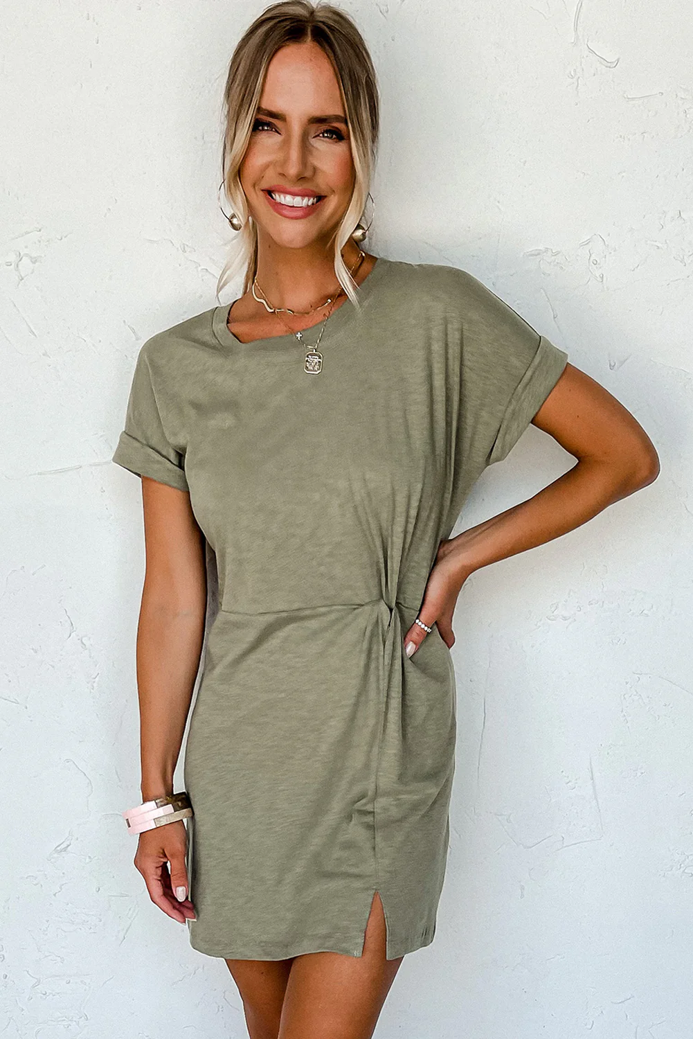 Folded Sleeve Twisted Mini T-Shirt Dress
