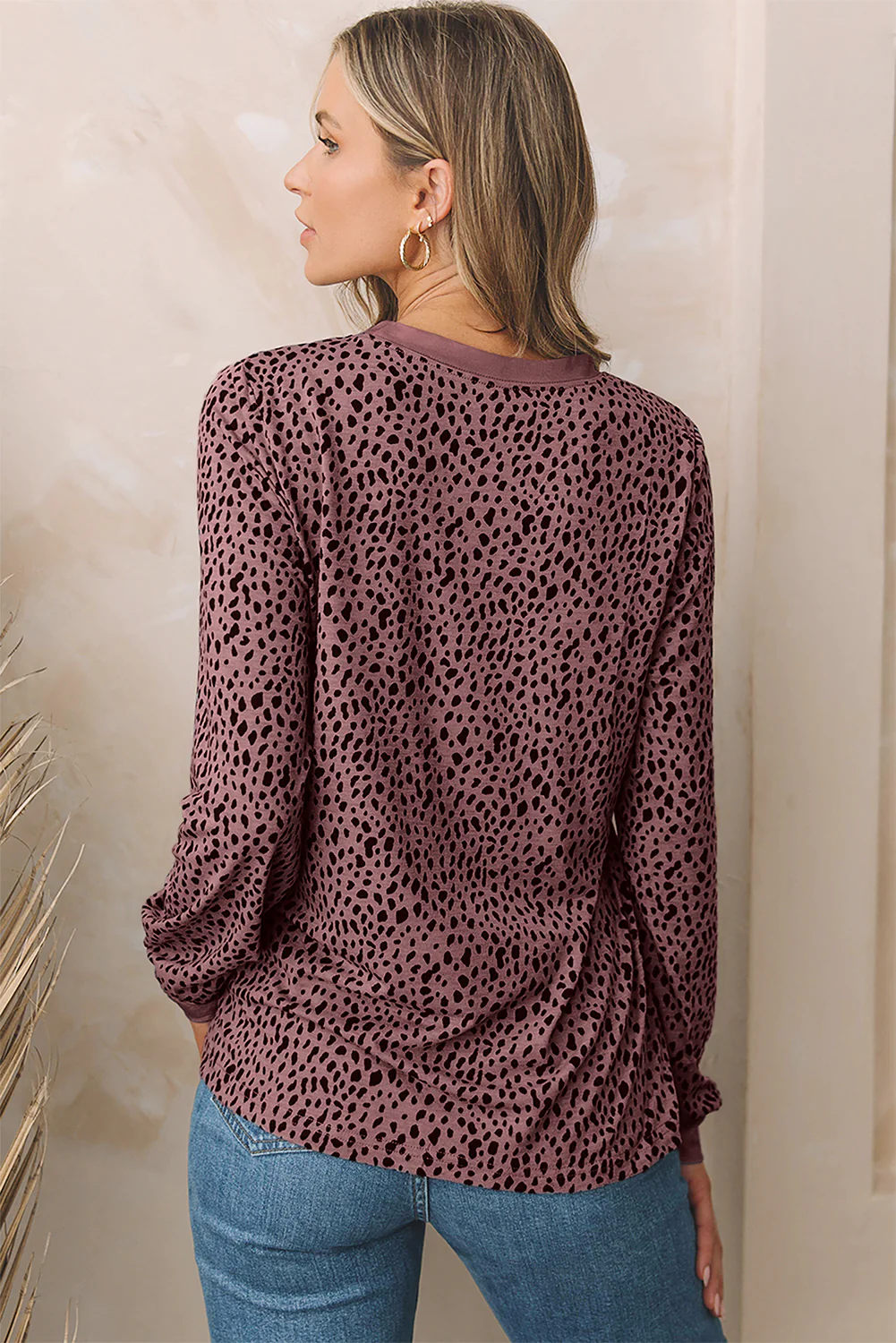 Animal Spotted Print Round Neck Long Sleeve Top