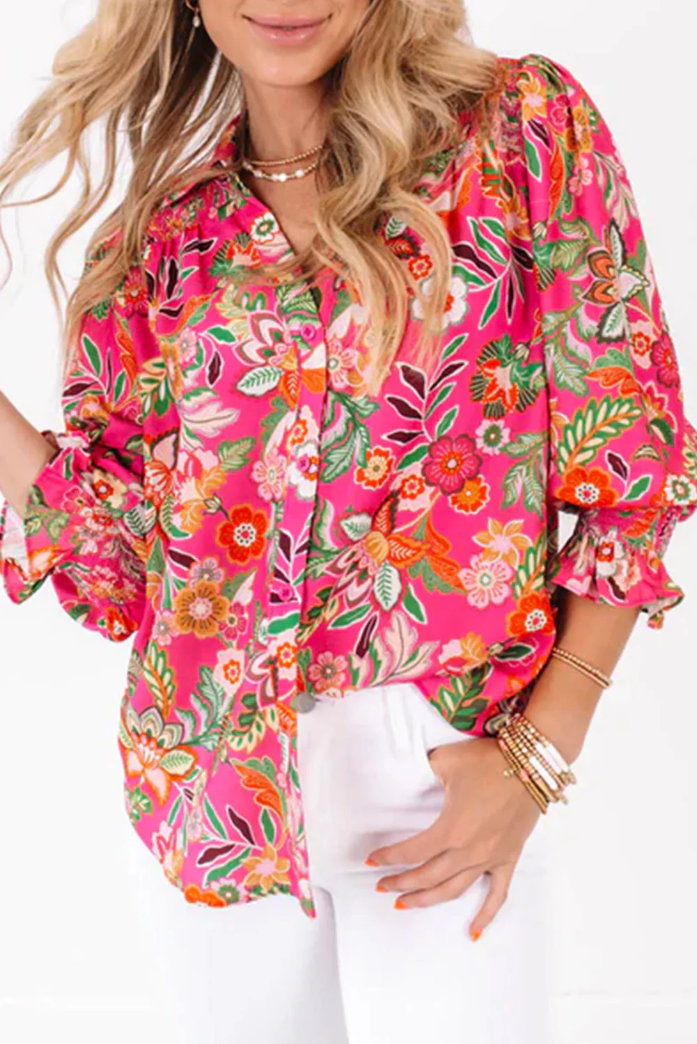Floral Print Smocked Cuff Puff Sleeve Shirt