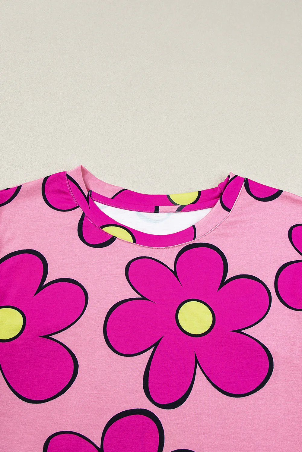 Flower Print Round Neck Cap Sleeve T Shirt