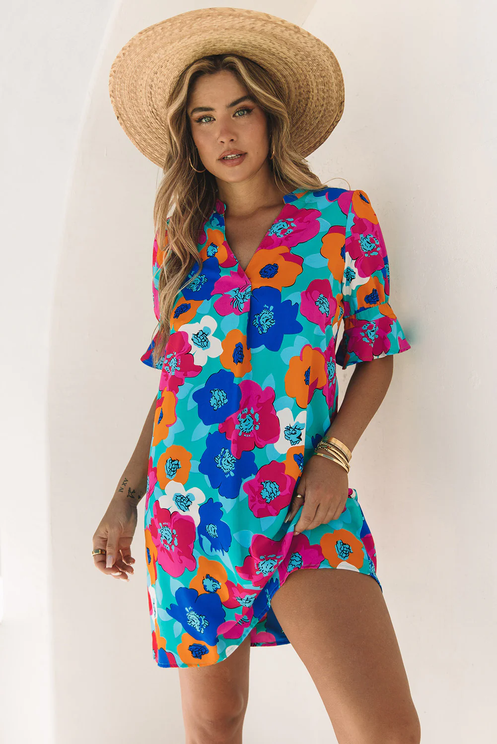 Split V Collar Ruffle Sleeve Floral Shift Dress
