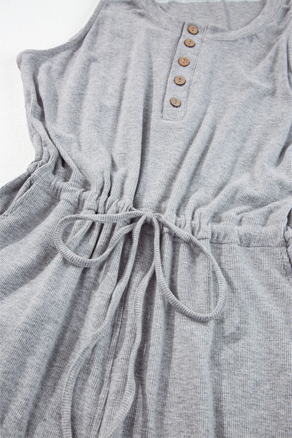Ribbed Knit Buttons Drawstring Sleeveless Jumpsuit