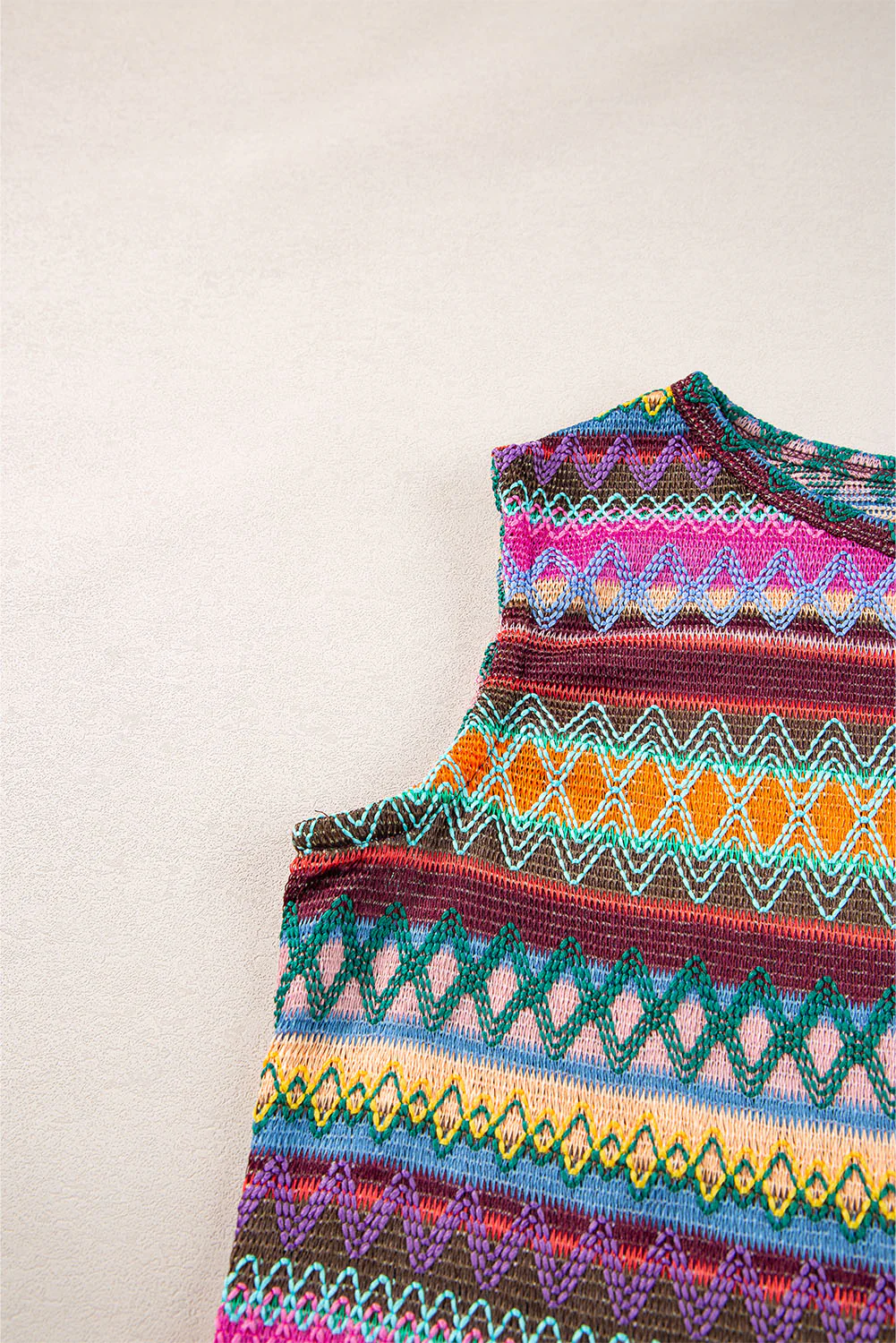 Light Blue Ethnic Wavy Pattern Round Neck Sleeveless Top