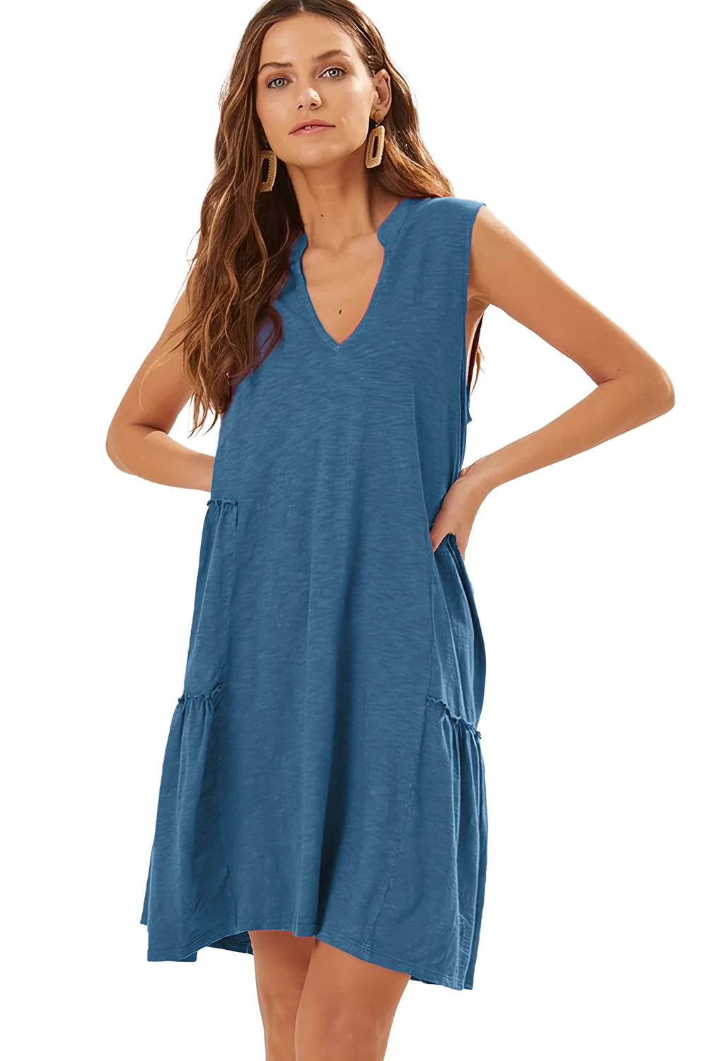 Split V Neck Tiered Flowy Sleeveless Dress