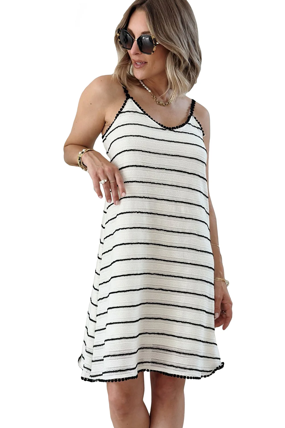 Contrast Lace Trim Striped Knit Slip Dress