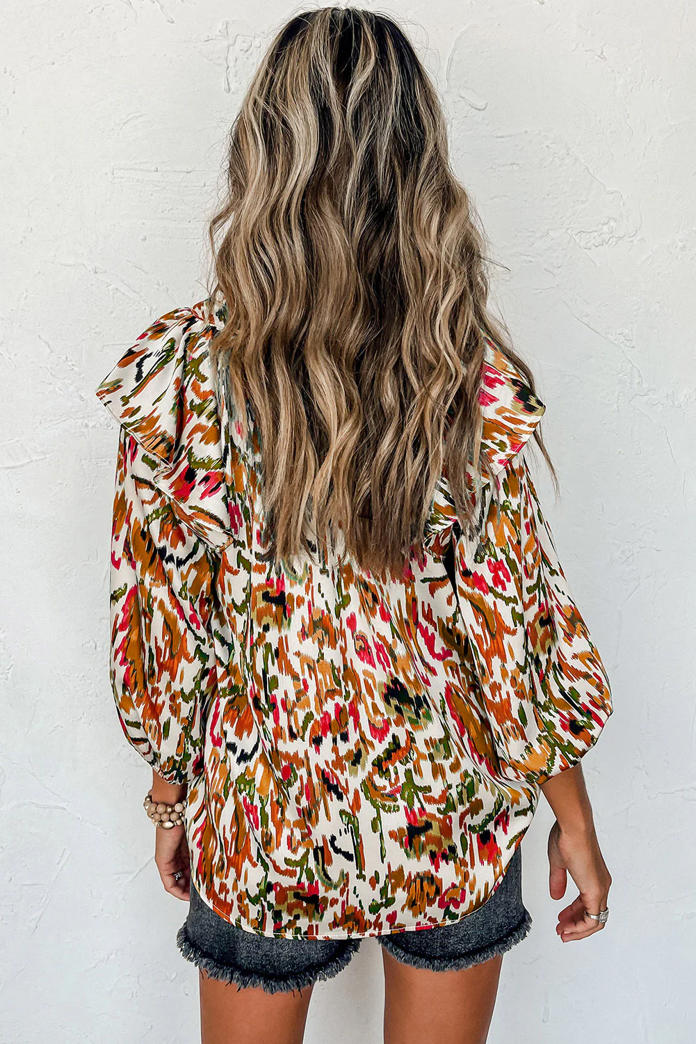 Abstract Print 3/4 Puff Sleeve Ruffle Blouse