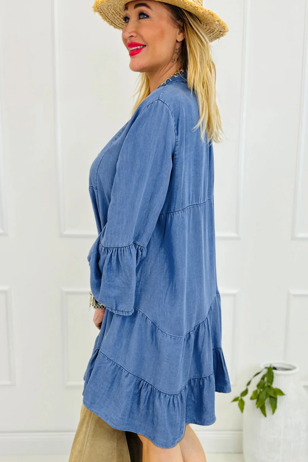 Chambray Ruffled 3/4 Sleeve Tiered Split V Neck Mini Dress
