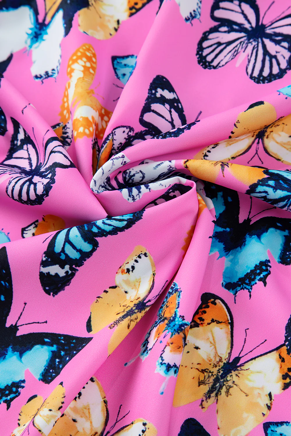 Butterfly Print Ruffled Puff Sleeve Tied V Neck Blouse