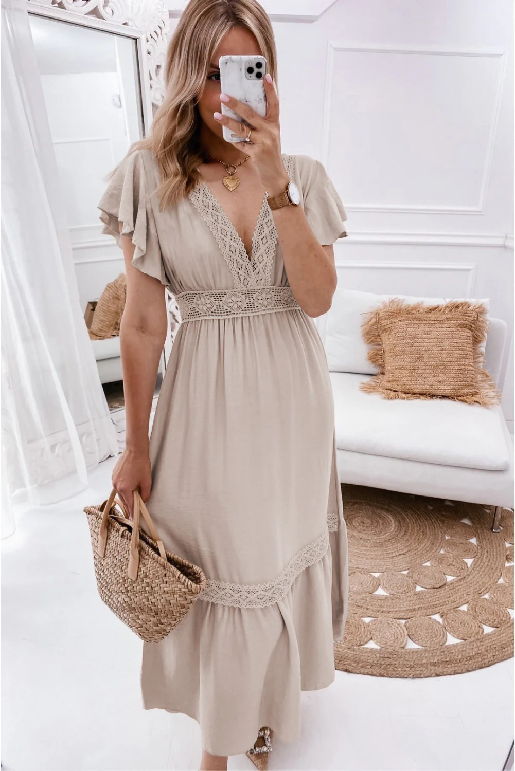 Lace V Neck Ruffled Sleeve Empire Waist Dress
