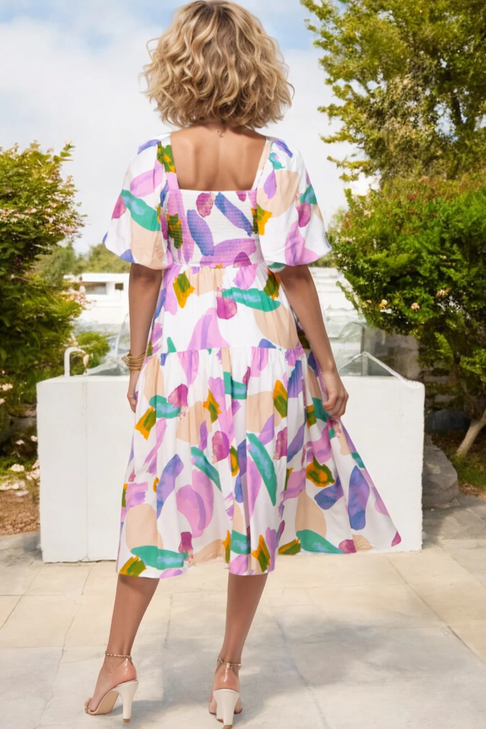 Abstract Print Puff Sleeve Smocked Back Midi Dress