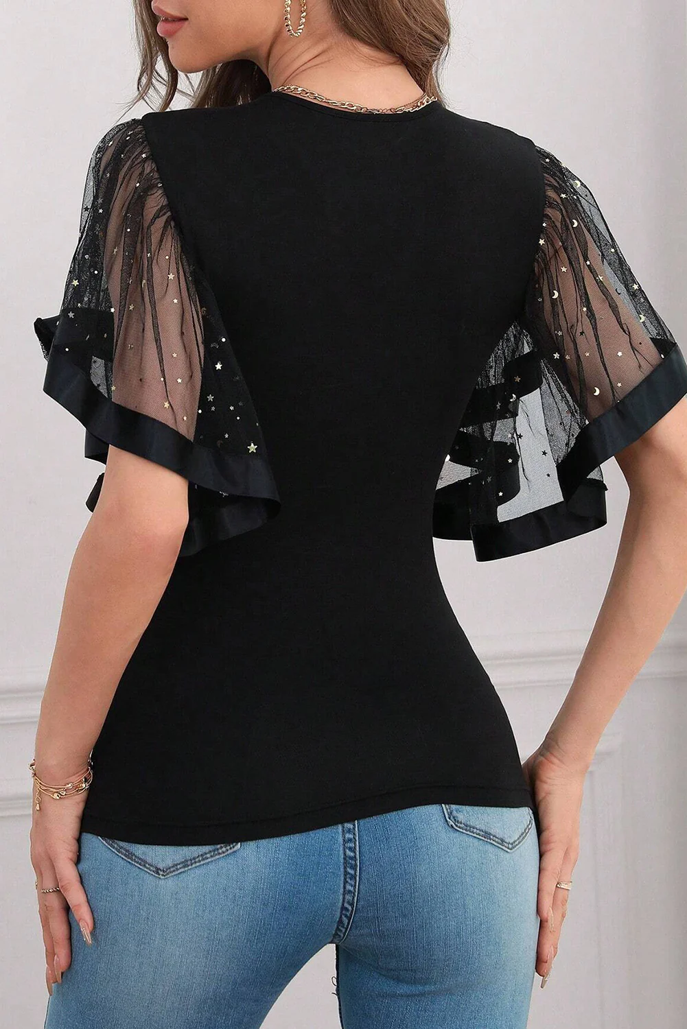 Starry Mesh Flutter Sleeve Slim Fit Top