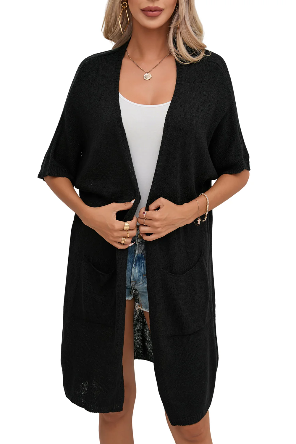Dolman Half Sleeve Pocketed Long Cardigan