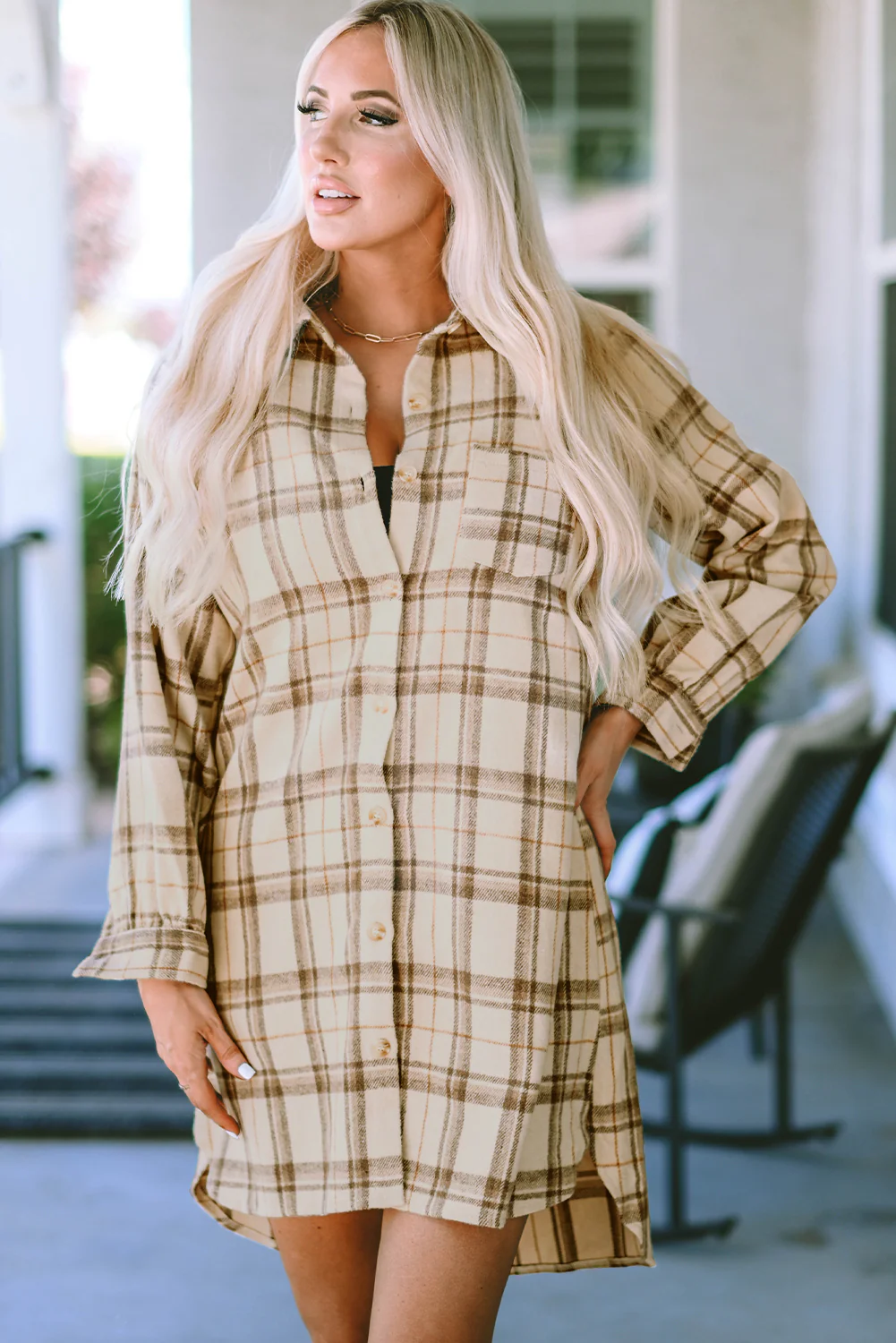 Plaid Pattern Collared Neck Ruffled Sleeve Shirt Dress