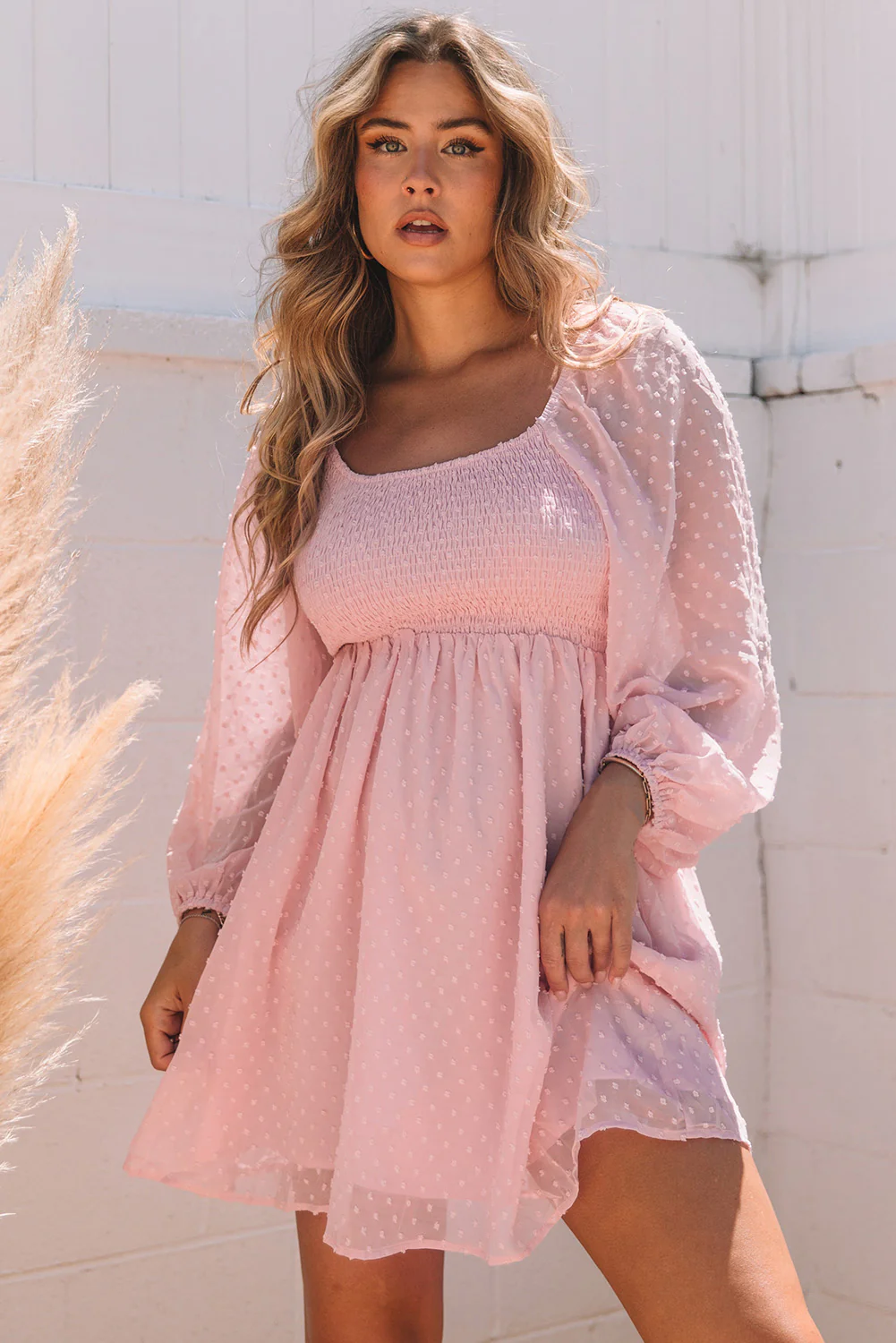 Swiss Dot Smocked Puff Sleeve Mini Dress