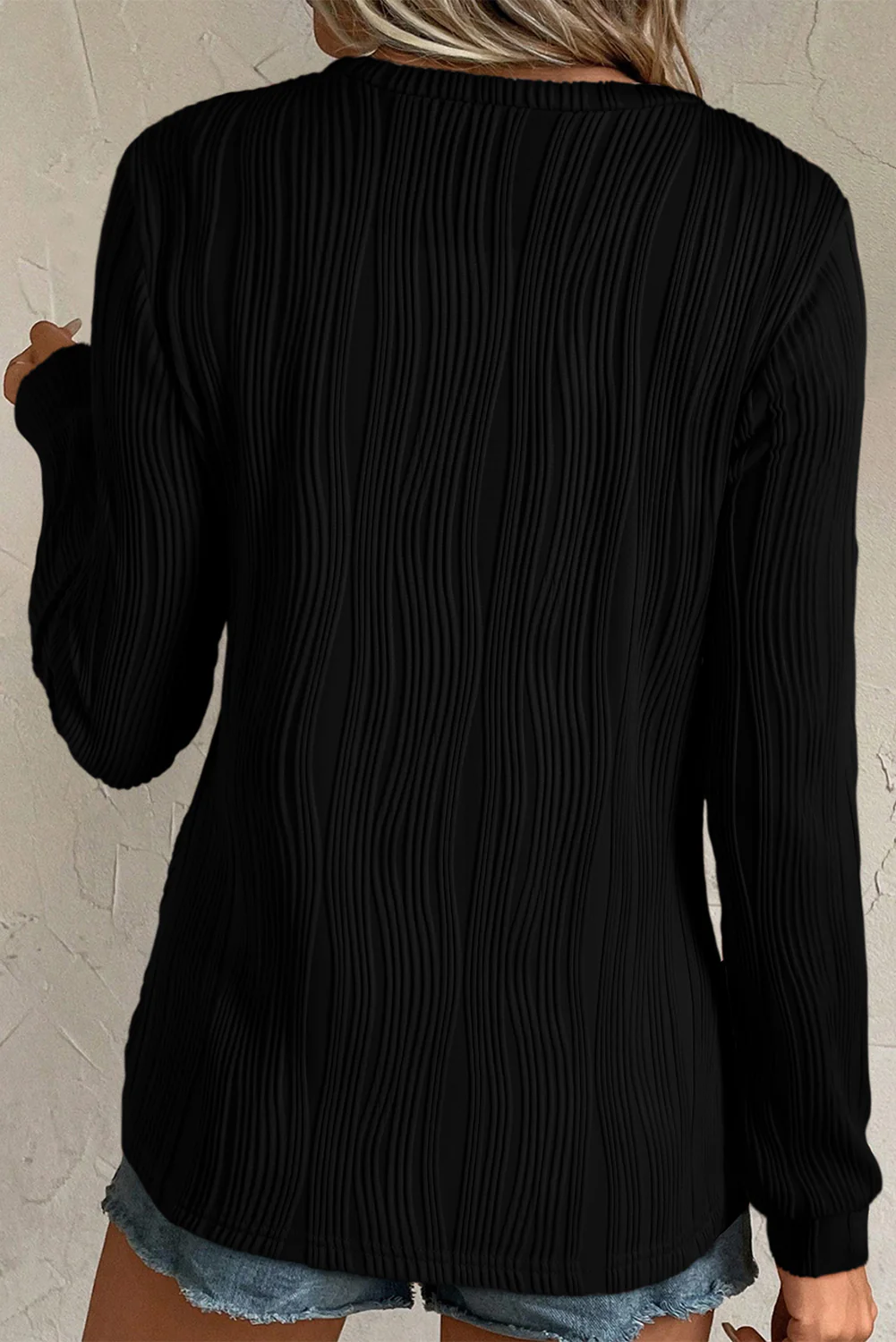 Textured Wavy Round Neck Long Sleeve Top