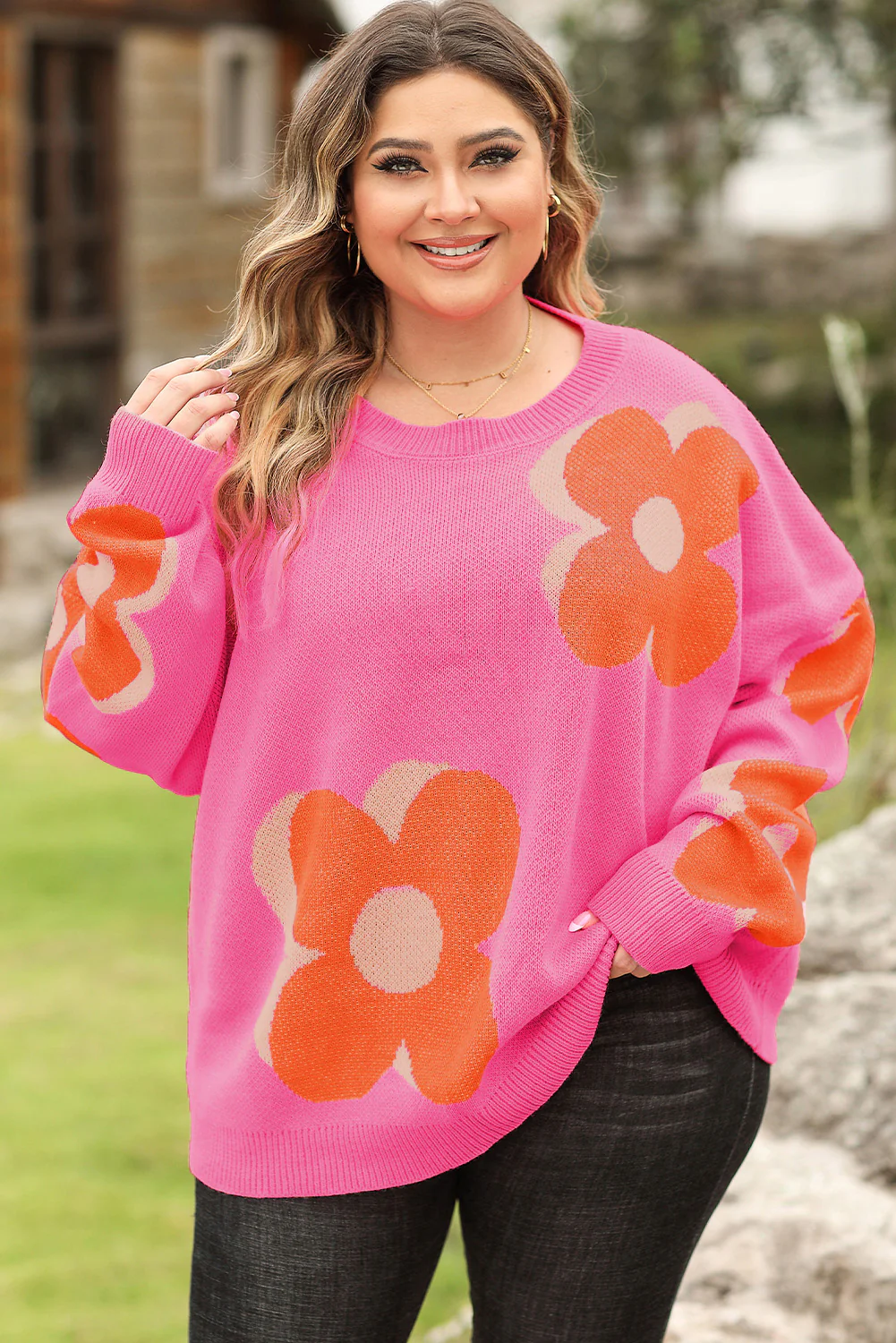 Big Flower Pattern Drop Shoulder Sweater
