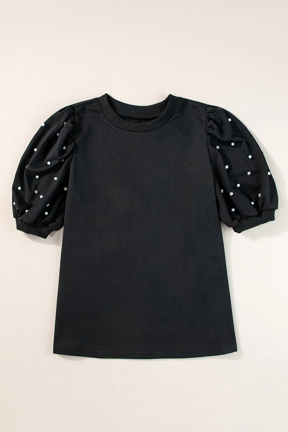 Light Pink Rhinestone Pearl Puff Half Sleeve Top