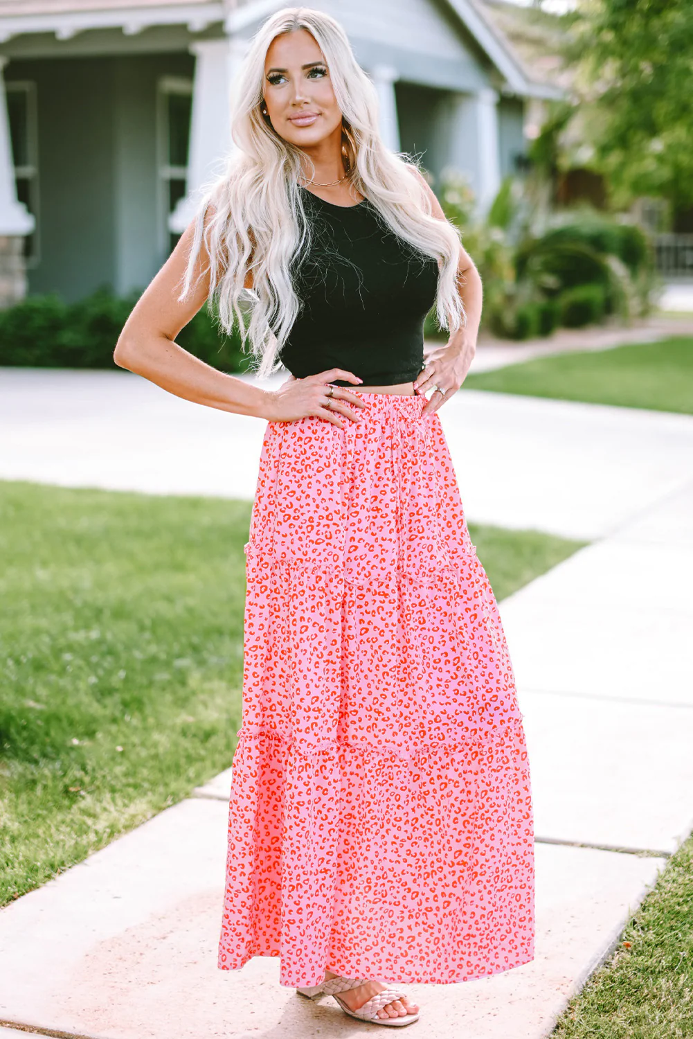 Leopard Print Frilled Drawstring High Waist Maxi Skirt