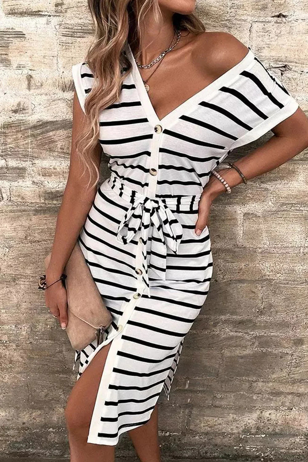 Button Slit Tie V-Neck Midi Dress