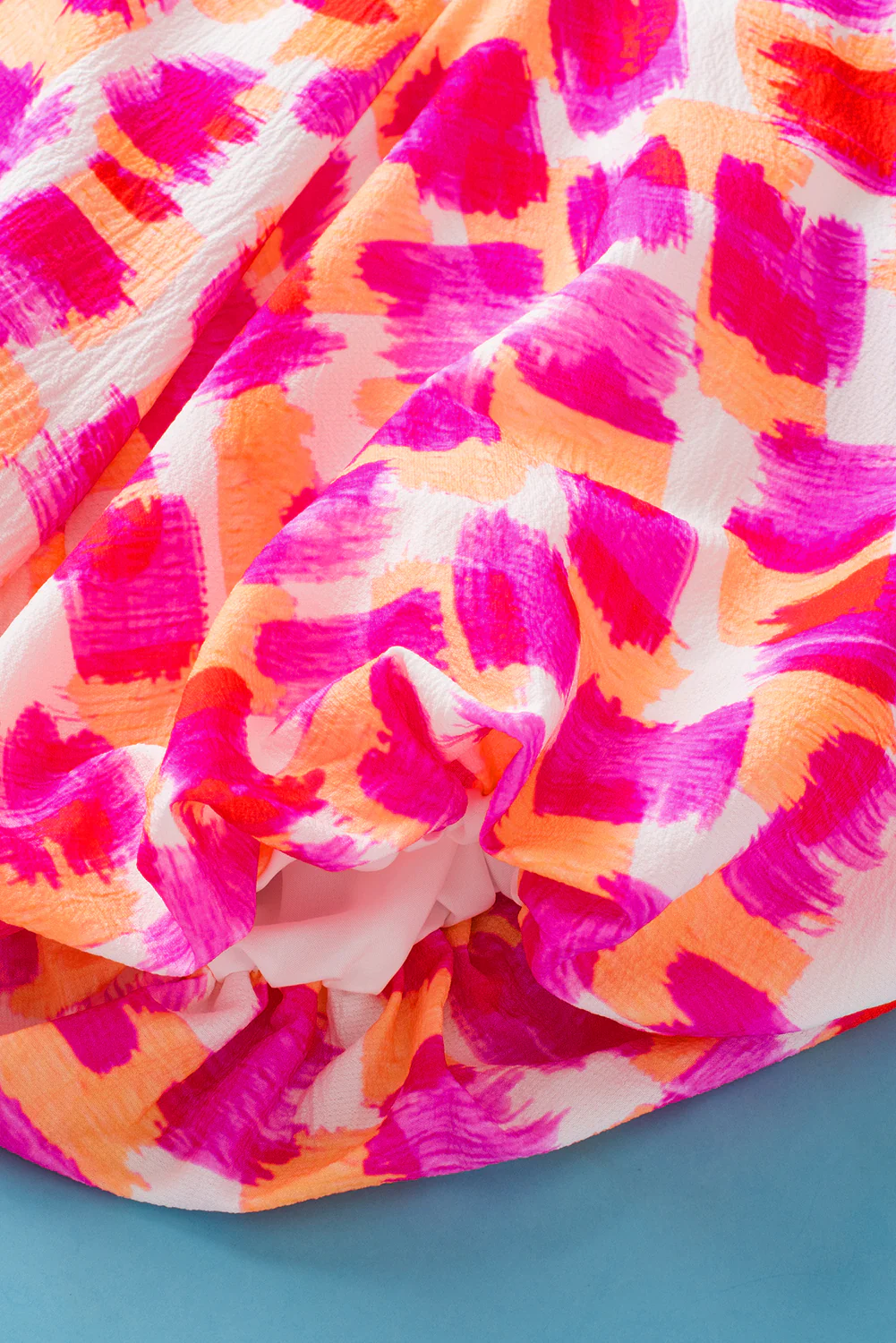 Abstract Print Button Back Ruffed High Neck Blouse