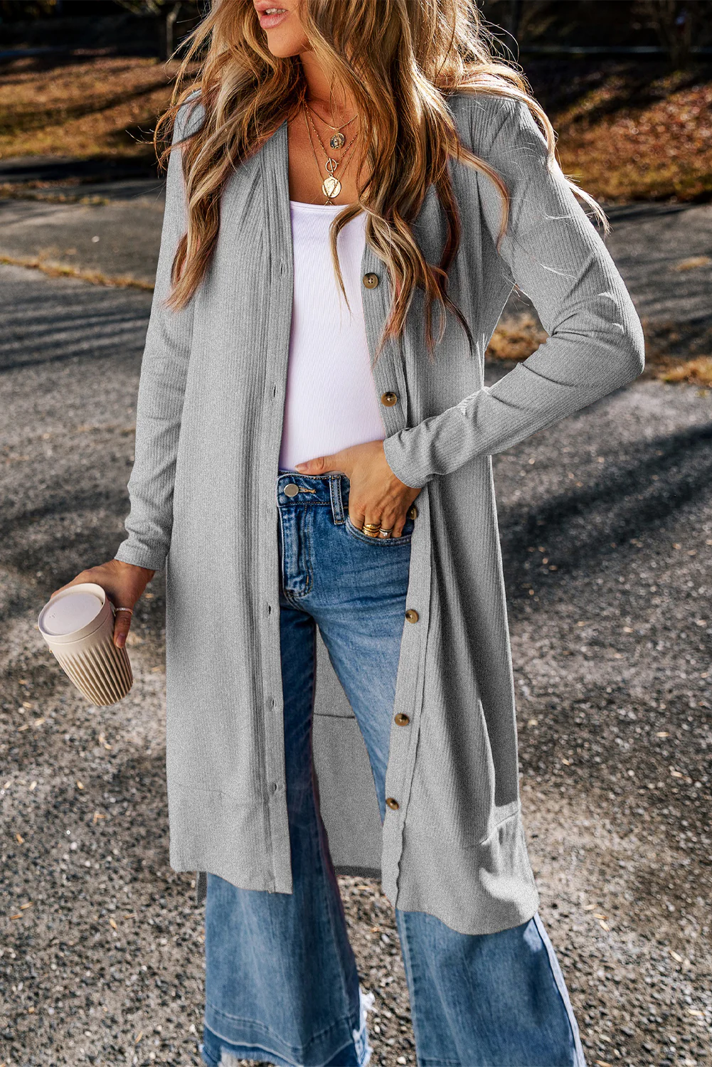 Ribbed Button-Up Split Duster Cardigan