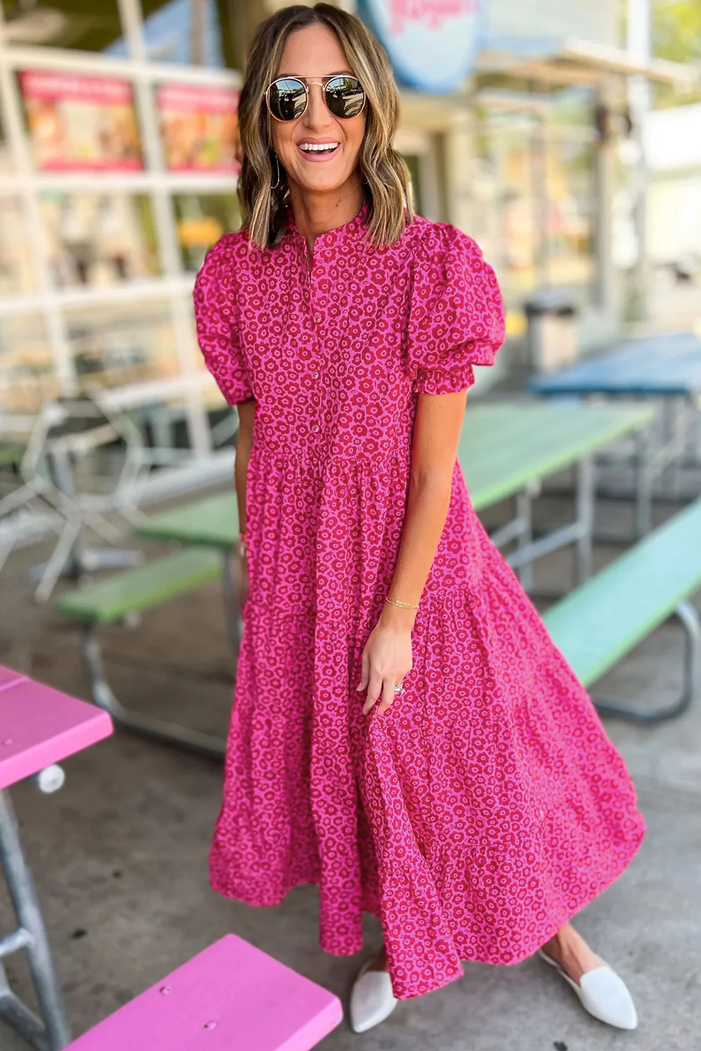 Flower Mock Neck Puff Sleeve Tiered Maxi Dress