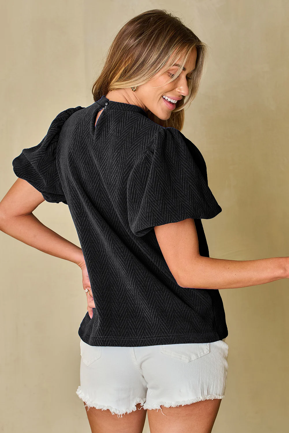 Solid Textured Puff Sleeve Mock Neck Blouse