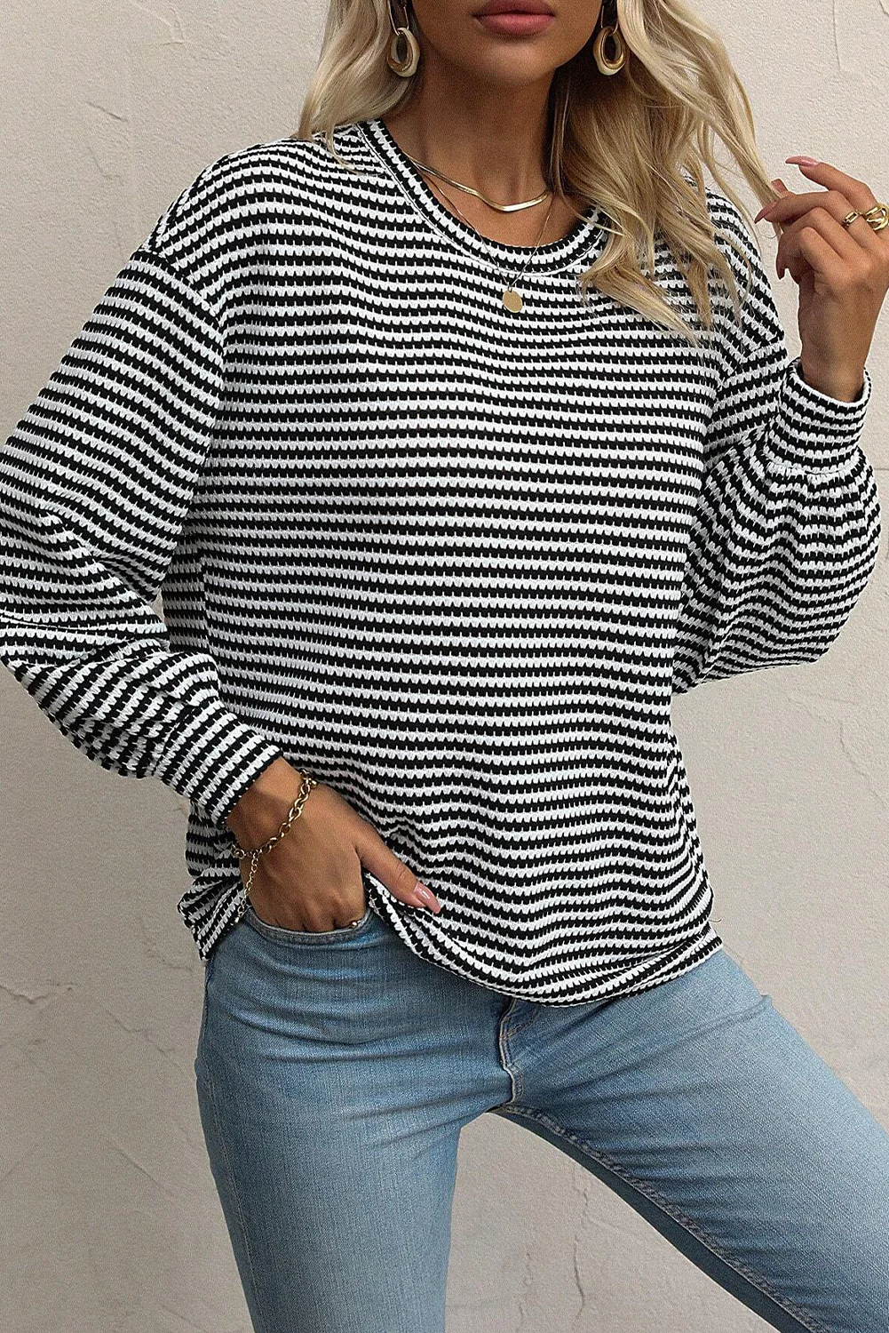Stripe Round Neck Drop Shoulder Long Sleeve Top