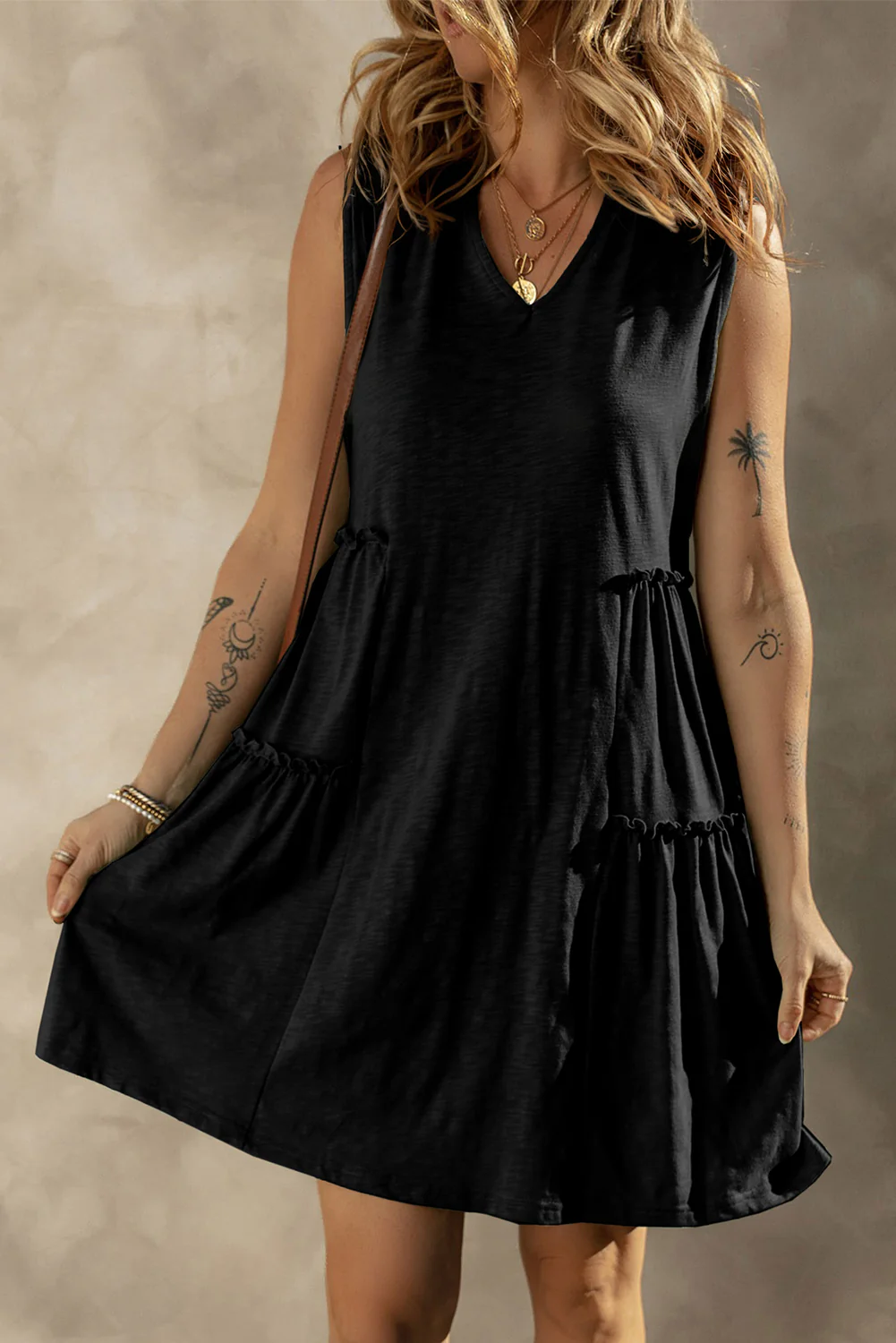 Split V Neck Tiered Flowy Sleeveless Dress