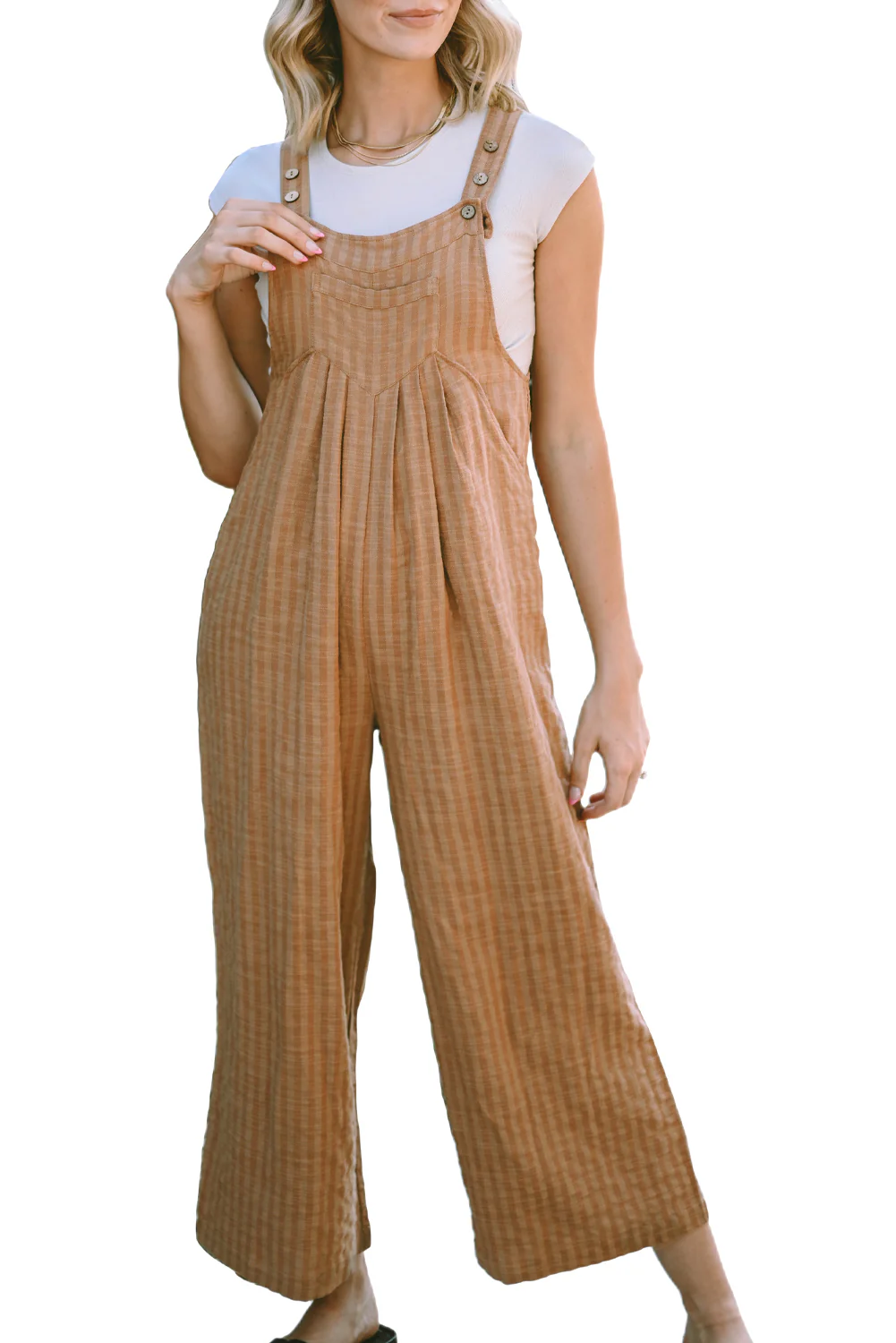 Striped Pleated Wide Leg Pocketed Jumpsuit