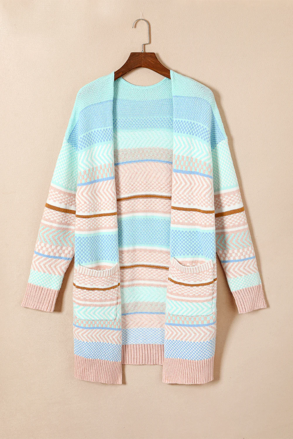 Striped Printed Knitted Open Front Cardigan