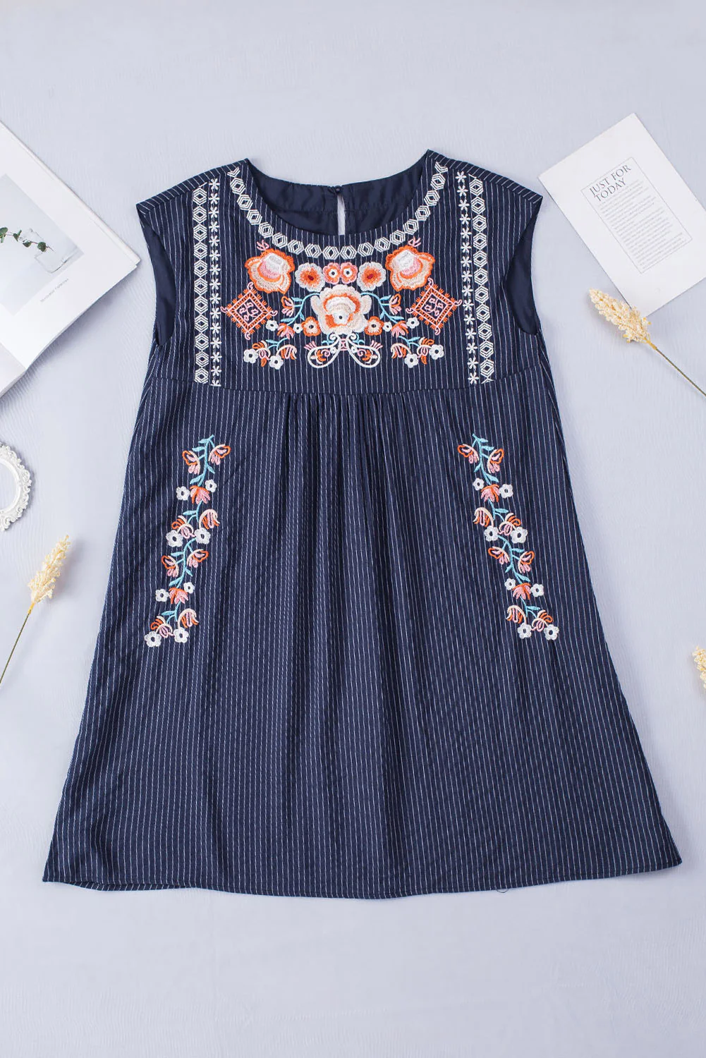 Gray Embroidered Striped Print Sleeveless Mini Dress
