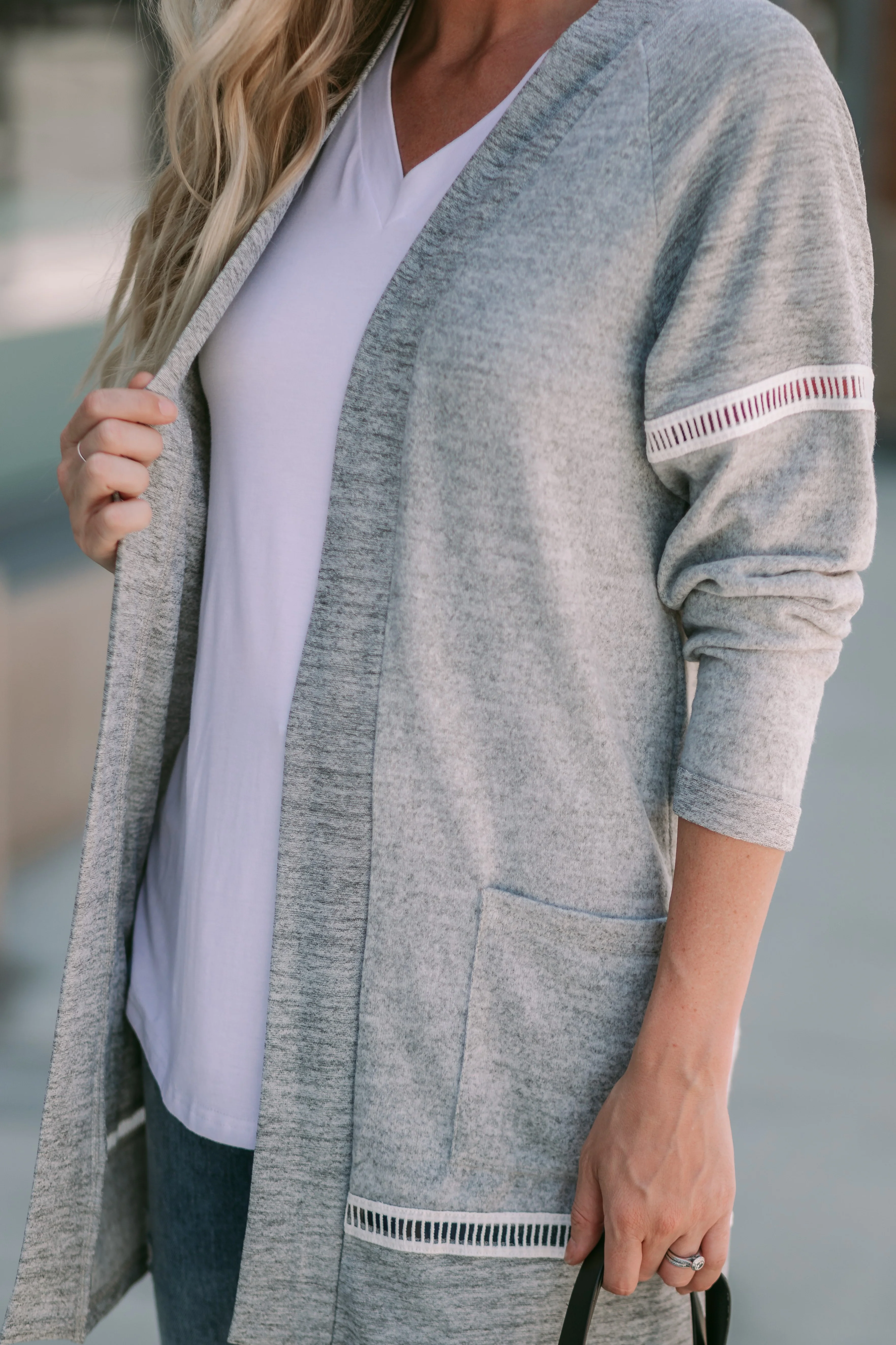 Heather Grey Raglan Pocket Cardi with Trim