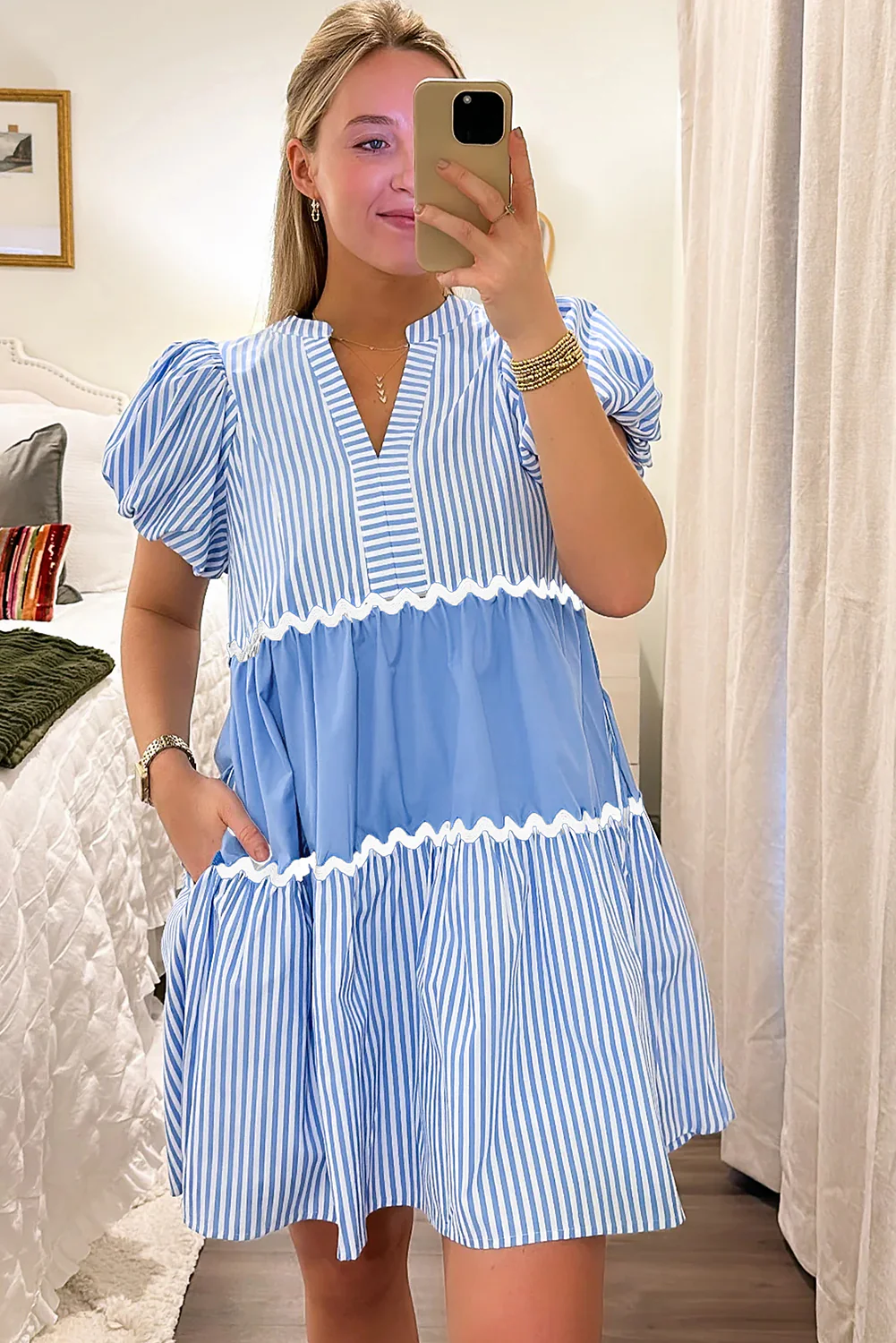 Ric Rac Striped Bubble Sleeve V Neck Dress