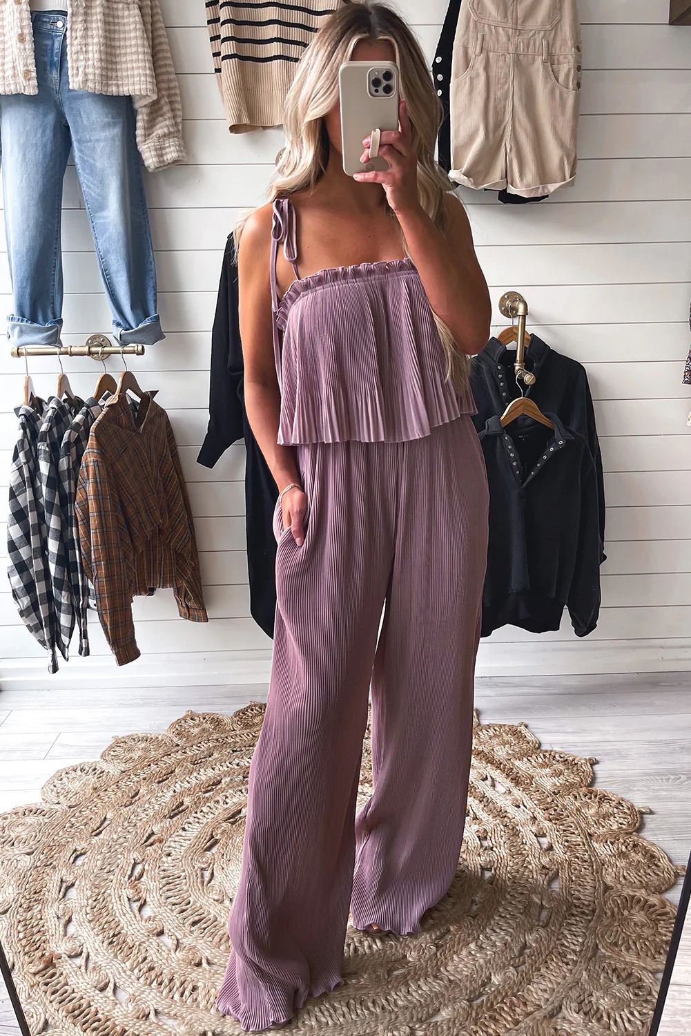 Solid Self Tied Straps Pleated Wide Leg Jumpsuit
