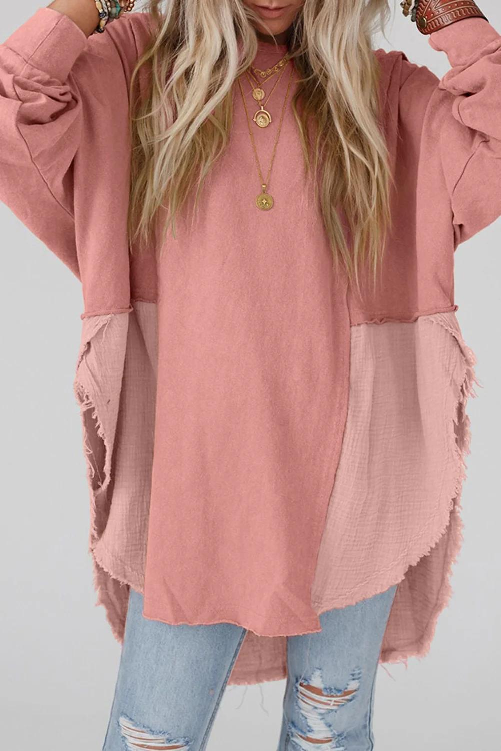 Crinkle Splicing Raw Hem High Low Oversized Tunic