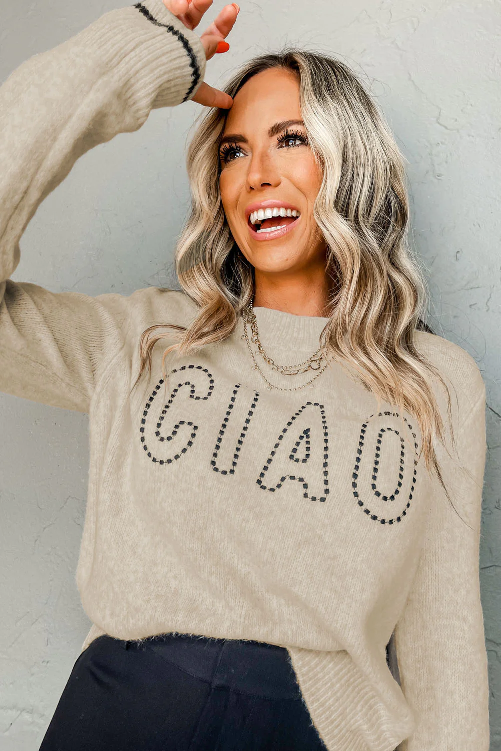 CIAO Letter Graphic Crew Neck Sweater