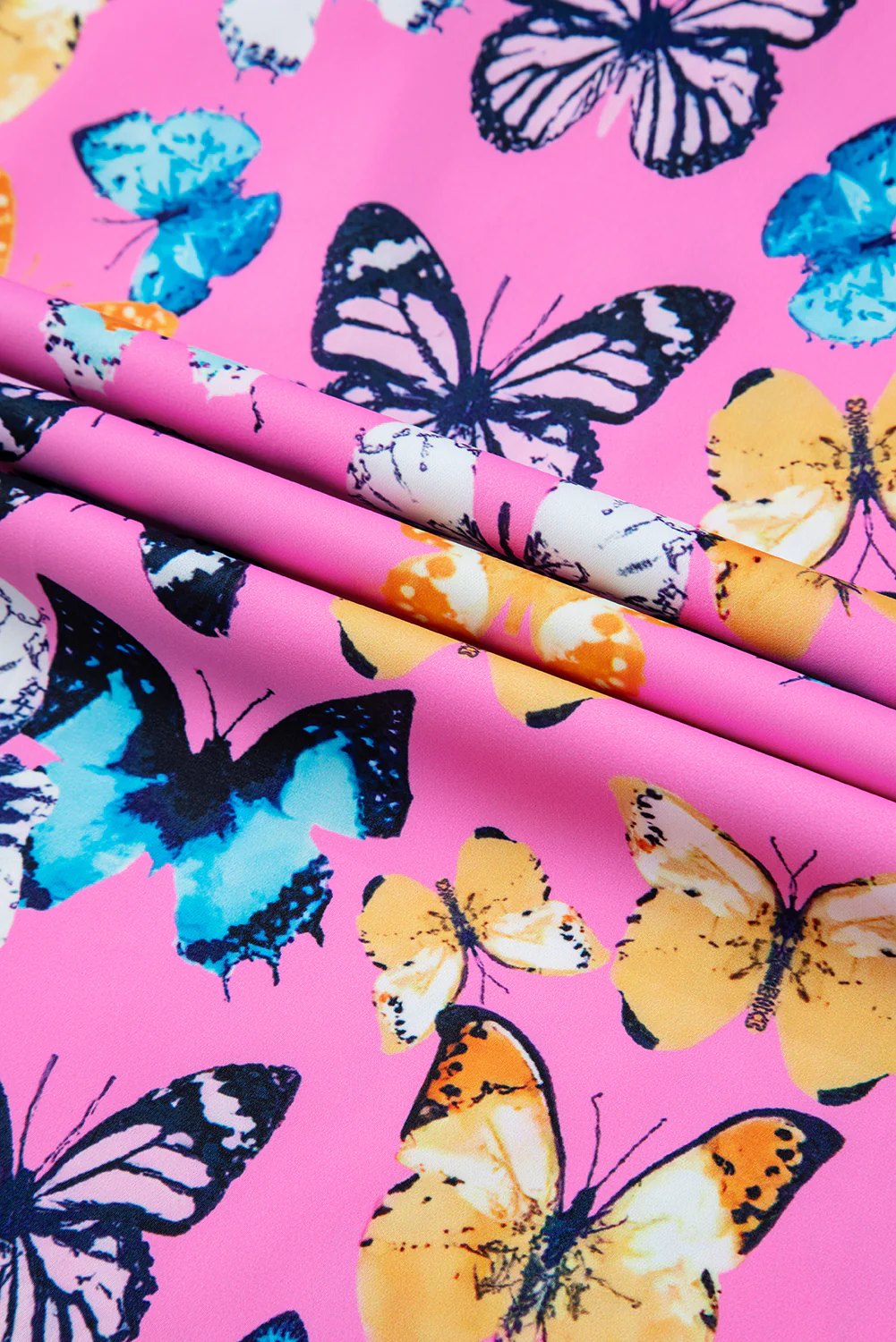 Butterfly Print Ruffled Puff Sleeve Tied V Neck Blouse