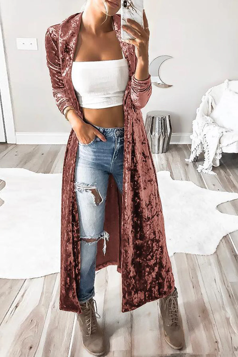 Open Front Duster Velvet Cardigan